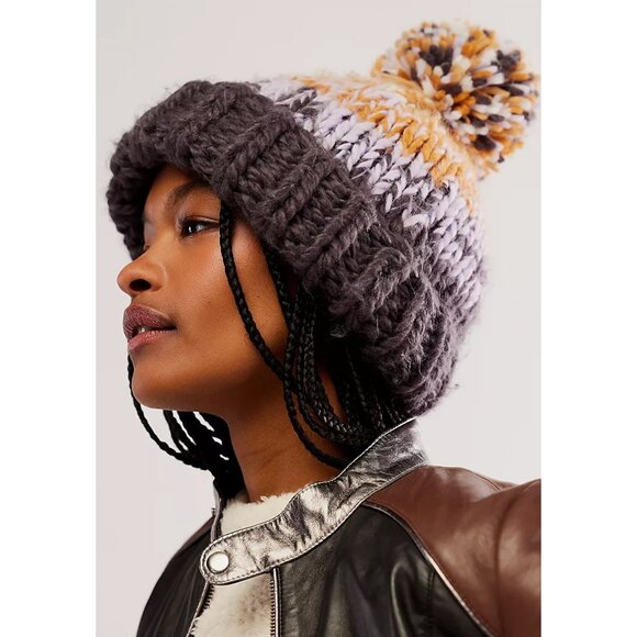 FREE PEOPLE Tide Stripe Knit Pom Beanie / Coal - Picture 5 of 6